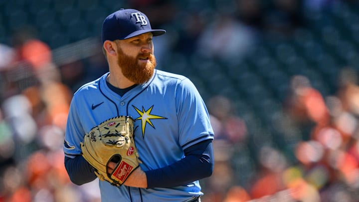 Sep 8, 2024; Baltimore, Maryland, USA; Tampa Bay Rays pitcher Zack Littell (52) looks on during the first inning against the Baltimore Orioles at Oriole Park at Camden Yards. Sep 8, 2024; Baltimore, Maryland, USA; Tampa Bay Rays pitcher Zack Littell (52) looks on during the first inning against the Baltimore Orioles at Oriole Park at Camden Yards.