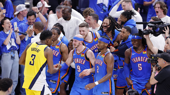 Jun 22, 2025; Oklahoma City, Oklahoma, USA; Indiana Pacers center Thomas Bryant (3) shakes hands with Oklahoma City Thunder forward Chet Holmgren (7) after game seven of the 2025 NBA Finals at Paycom Center. Mandatory Credit: Alonzo Adams-Imagn Images
