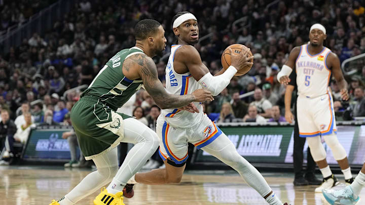 Mar 24, 2024; Milwaukee, Wisconsin, USA;  Oklahoma City Thunder guard Josh Giddey (3) drives for the