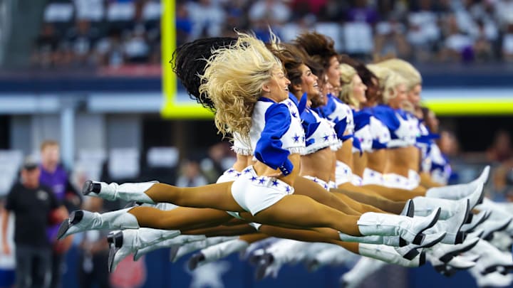 Sep 22, 2024; Arlington, Texas, USA;  Dallas Cowboys cheerleaders perform before the game against the Baltimore Ravens at AT&T Stadium. 