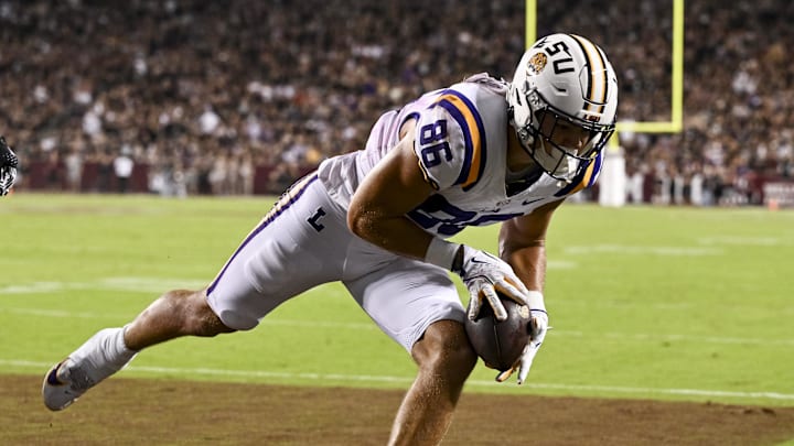 Oct 26, 2024; College Station, Texas, USA; LSU Tigers tight end Mason Taylor (86) scores a touchdown during the first quarter against the Texas A&M Aggies at Kyle Field. Mandatory Credit: Maria Lysaker-Imagn Images. Oct 26, 2024; College Station, Texas, USA; LSU Tigers tight end Mason Taylor (86) scores a touchdown during the first quarter against the Texas A&M Aggies at Kyle Field. Mandatory Credit: Maria Lysaker-Imagn Images.