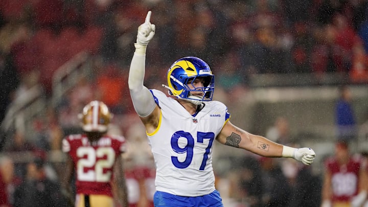 Dec 12, 2024; Santa Clara, California, USA; Los Angeles Rams linebacker Michael Hoecht (97) reacts after the Rams made a field goal against the San Francisco 49ers in the fourth quarter at Levi's Stadium. Mandatory Credit: Cary Edmondson-Imagn Images