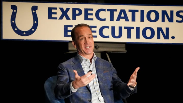 Former Indianapolis Colts quarterback Peyton Manning speaks Monday, Feb. 24, 2025, during the “Night of Champions” at the Murat Theatre at the Old National Centre. The event featured a panel discussion of players and coaches from the Indianapolis Colts team that won Super Bowl XLI.