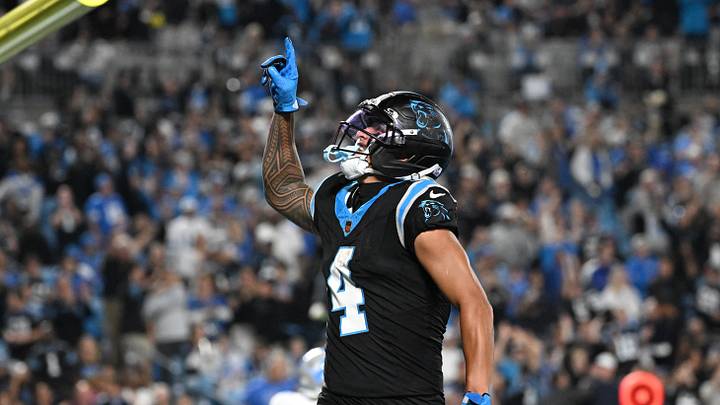 Oct 4, 2026; Charlotte, North Carolina, USA;  Carolina Panthers wide receiver Tetairoa McMillan (4) celebrates after scoring a touchdown against the Detroit Lions during the third quarter at Bank of America Stadium.  Mandatory Credit: Bob Donnan-Imagn Images