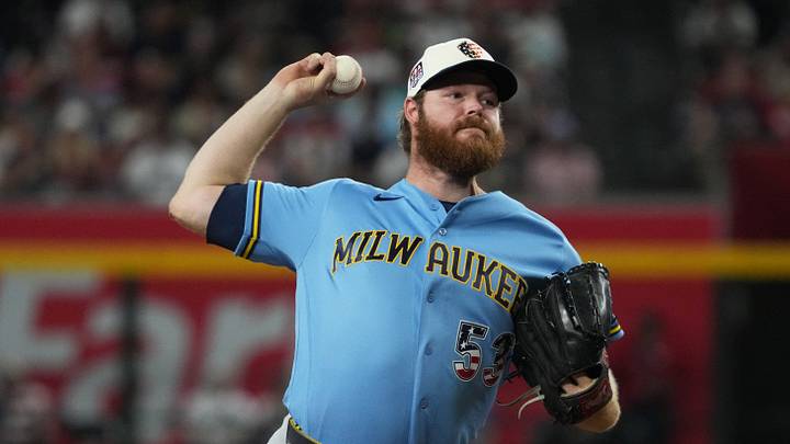 Jul 4, 2026; Phoenix, Arizona, USA; Milwaukee Brewers pitcher Brandon Woodruff (53) throws in the third inning against the Arizona Diamondbacks at Chase Field. Mandatory Credit: Rick Scuteri-Imagn Images