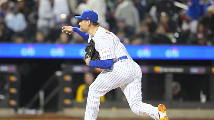 Apr 10, 2023; New York City, New York, USA; New York Mets pitcher Adam Ottavino (0) delivers a pitch