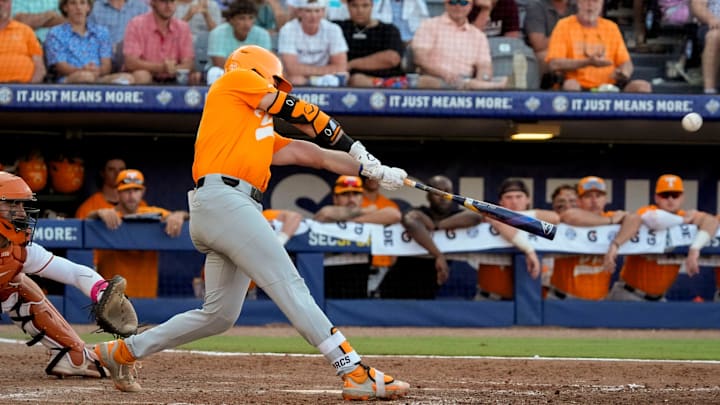 May 22, 2025; Hoover, AL, USA; Tennessee shortstop Gavin Kilen (6) connects for a solo homer to give Tennessee the lead in the 10th inning in the third round of the SEC Baseball Tournament at the Hoover Met. Tennessee eliminated Texas with a 12-inning 7-5 victory. Kilen drove in all three runs in extra innings. May 22, 2025; Hoover, AL, USA; Tennessee shortstop Gavin Kilen (6) connects for a solo homer to give Tennessee the lead in the 10th inning in the third round of the SEC Baseball Tournament at the Hoover Met. Tennessee eliminated Texas with a 12-inning 7-5 victory. Kilen drove in all three runs in extra innings.
