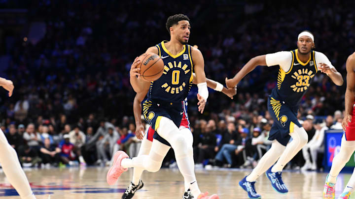 Mar 14, 2025; Philadelphia, Pennsylvania, USA; Indiana Pacers guard Tyrese Haliburton (0) drives with the ball against the Philadelphia 76ers in the third quarter at Wells Fargo Center. Mandatory Credit: Kyle Ross-Imagn Images Mar 14, 2025; Philadelphia, Pennsylvania, USA; Indiana Pacers guard Tyrese Haliburton (0) drives with the ball against the Philadelphia 76ers in the third quarter at Wells Fargo Center. Mandatory Credit: Kyle Ross-Imagn Images
