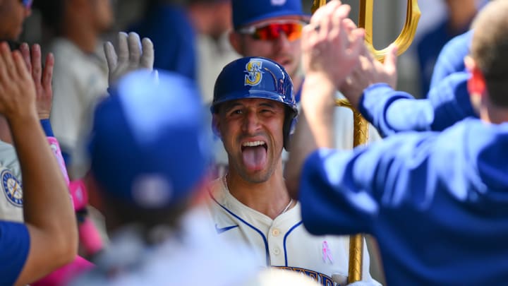 Seattle Mariners catcher Seby Zavala (33) celebrates after hitting a home run against the Oakland Athletics during the sixth inning at T-Mobile Park on May 12.