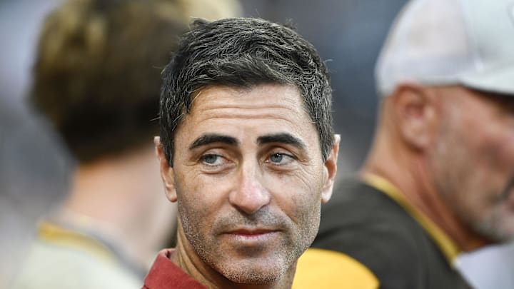 Sep 4, 2024; San Diego, California, USA; San Diego Padres general manager A.J. Preller looks on before a game against the Detroit Tigers at Petco Park. Sep 4, 2024; San Diego, California, USA; San Diego Padres general manager A.J. Preller looks on before a game against the Detroit Tigers at Petco Park.