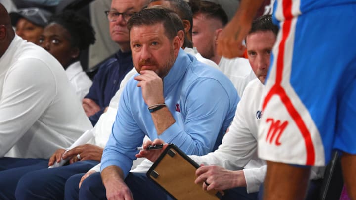 Jan 18, 2025; Starkville, Mississippi, USA; Mississippi Rebels head coach Chris Beard looks on during the first half against the Mississippi State Bulldogs at Humphrey Coliseum. Mandatory Credit: Petre Thomas-Imagn Images