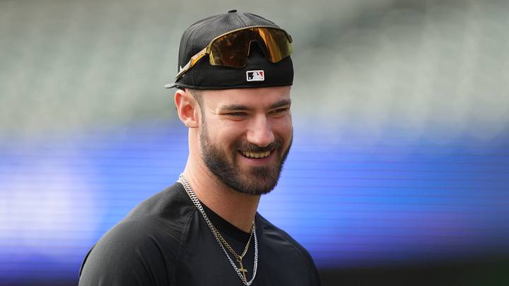 San Francisco, California, USA; San Francisco Giants designated hitter Bryce Eldridge (8) before the game against the Colorado Rockies at Oracle Park. Mandatory Credit: Darren Yamashita-Imagn Images