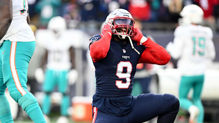 Jan 1, 2023; Foxborough, Massachusetts, USA; New England Patriots linebacker Matthew Judon (9) reacts after a sack against the Miami Dolphins during the second half at Gillette Stadium. Mandatory Credit: Brian Fluharty-Imagn Images