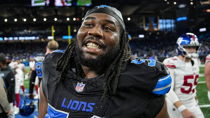 Detroit Lions defensive tackle Alim McNeill (54) celebrates 34-27 win over New York Giants at Ford Field in Detroit on Sunday, Nov. 23, 2025.