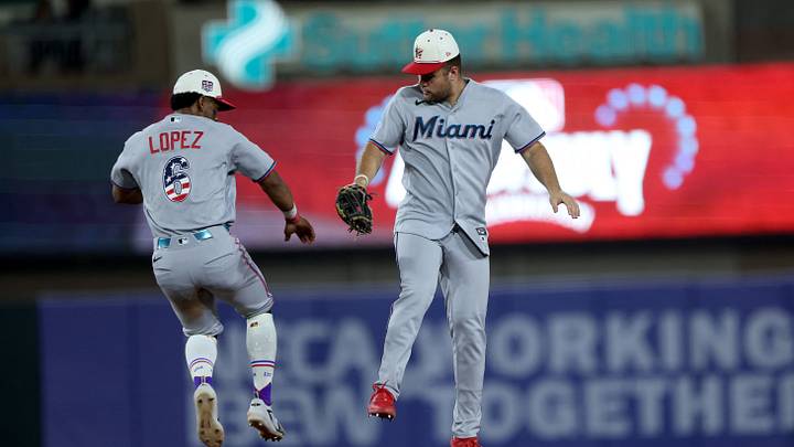 Miami Marlins shortstop Otto Lopez (6) and center fielder Jakob Marsee (87). Miami Marlins shortstop Otto Lopez (6) and center fielder Jakob Marsee (87).