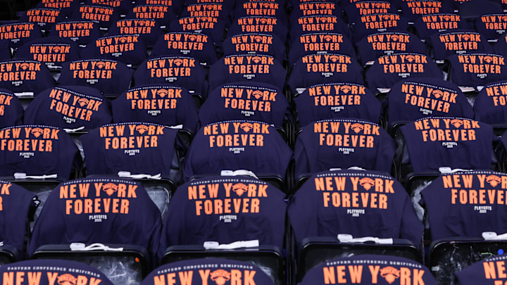 May 10, 2025; New York, New York, USA; T-shirts for the fans are placed on the seats prior to game three of the second round for the 2025 NBA Playoffs between the Boston Celtics and the New York Knicks at Madison Square Garden. Mandatory Credit: Wendell Cruz-Imagn Images