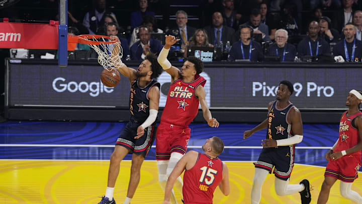 Feb 16, 2025; San Francisco, CA, USA; Kenny’s Young Stars guard Cade Cunningham (2) of the Detroit Pistons shoots against Chuck’s Global Stars forward Victor Wembanyama (1) of the San Antonio Spurs during the 2025 NBA All Star Game at Chase Center. Mandatory Credit: Kyle Terada-Imagn Images