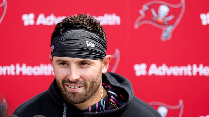 Tampa Bay Buccaneers quarterback Baker Mayfield gives a press conference after mini camp.