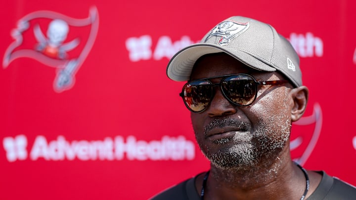 Jun 10, 2025; Tampa Bay, FL, USA; Tampa Bay Buccaneers head coach Todd Bowles gives a press conference after mini camp at AdventHealth Training Center. Mandatory Credit: Nathan Ray Seebeck-Imagn Images