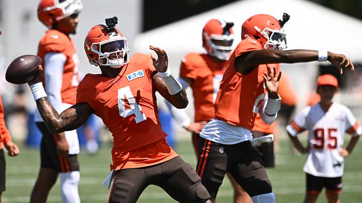 Aug 4, 2026; Berea, OH, USA; Cleveland Browns quarterback Deshaun Watson (4) and quarterback Shedeur Sanders (2) throw passes during training camp at CrossCountry Mortgage Campus. Mandatory Credit: Ken Blaze-Imagn Images Aug 4, 2026; Berea, OH, USA; Cleveland Browns quarterback Deshaun Watson (4) and quarterback Shedeur Sanders (2) throw passes during training camp at CrossCountry Mortgage Campus. Mandatory Credit: Ken Blaze-Imagn Images