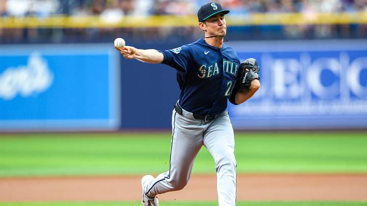 Jul 12, 2026; St. Petersburg, Florida, USA; Seattle Mariners starting pitcher Emerson Hancock (26) throws a pitch against the Tampa Bay Rays in the first inning at Tropicana Field. Mandatory Credit: Nathan Ray Seebeck-Imagn Images
