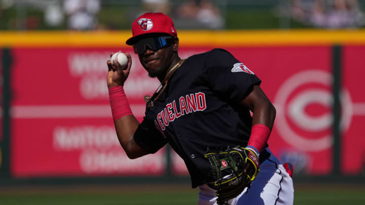 Mar 2, 2024; Goodyear, Arizona, USA; Cleveland Guardians second baseman Angel Martinez (79) throws to first against the Kansas City Royals during the second inning at Goodyear Ballpark. Mar 2, 2024; Goodyear, Arizona, USA; Cleveland Guardians second baseman Angel Martinez (79) throws to first against the Kansas City Royals during the second inning at Goodyear Ballpark.