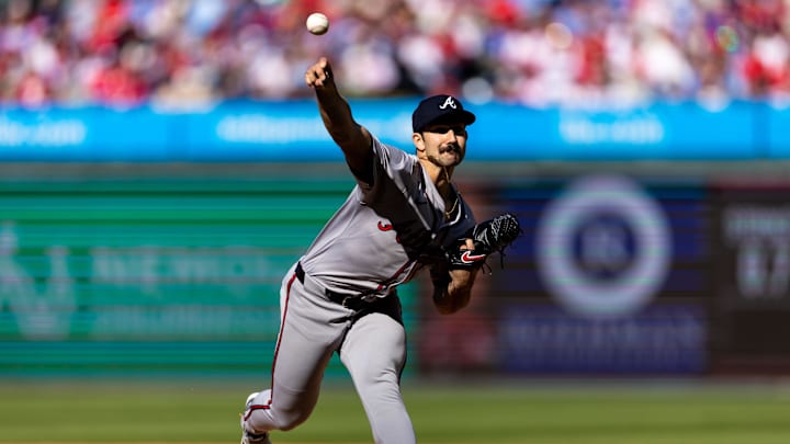 Atlanta Braves starting pitcher Spencer Strider (99) in action against the Philadelphia Phillies at Citizens Bank Park in 2024.