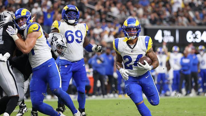 Oct 25, 2026; Paradise, Nevada, USA;  Los Angeles Rams running back Blake Corum (24) rushes for a touchdown against the Las Vegas Raiders in the second half at Allegiant Stadium.  Mandatory Credit: David Brytus-Imagn Images