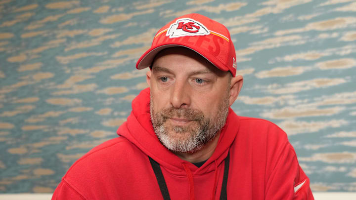 Feb 7, 2024; Las Vegas, NV, USA; Kansas City Chiefs offensive coordinator Matt Nagy during a press conference before Super Bowl LVIII at Westin Lake Las Vegas Resort and Spa. Mandatory Credit: Kirby Lee-Imagn Images