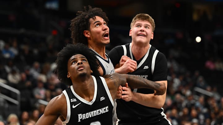 Mar 7, 2026; Washington, District of Columbia, USA; Providence Friars guard Jaylin Sellers (2) block out Georgetown Hoyas forward Isaiah Abraham (7) during the first half at Capital One Arena. Mar 7, 2026; Washington, District of Columbia, USA; Providence Friars guard Jaylin Sellers (2) block out Georgetown Hoyas forward Isaiah Abraham (7) during the first half at Capital One Arena.