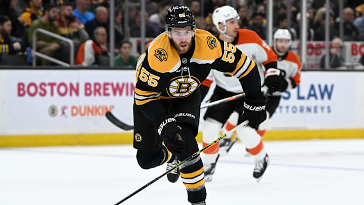 Oct 1, 2024; Boston, Massachusetts, USA; Boston Bruins right wing Justin Brazeau (55) skates against the Philadelphia Flyers during the first period at the TD Garden. Mandatory Credit: Brian Fluharty-Imagn Images