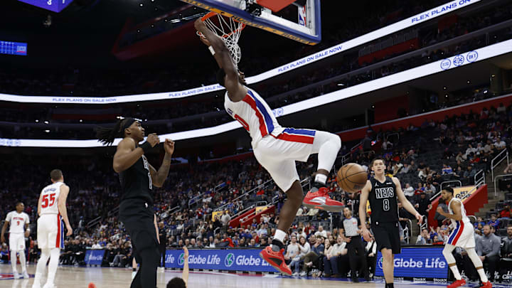 Feb 1, 2026; Detroit, Michigan, USA;  Detroit Pistons center Jalen Duren (0) dunks in the second half against the Brooklyn Nets at Little Caesars Arena. Mandatory Credit: Rick Osentoski-Imagn Images