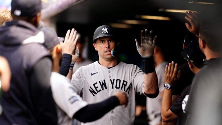 May 24, 2025; Denver, Colorado, USA; New York Yankees first base Paul Goldschmidt (48) celebrates scoring a run in the fifth inning against the Colorado Rockies at Coors Field. Mandatory Credit: Ron Chenoy-Imagn Images May 24, 2025; Denver, Colorado, USA; New York Yankees first base Paul Goldschmidt (48) celebrates scoring a run in the fifth inning against the Colorado Rockies at Coors Field. Mandatory Credit: Ron Chenoy-Imagn Images