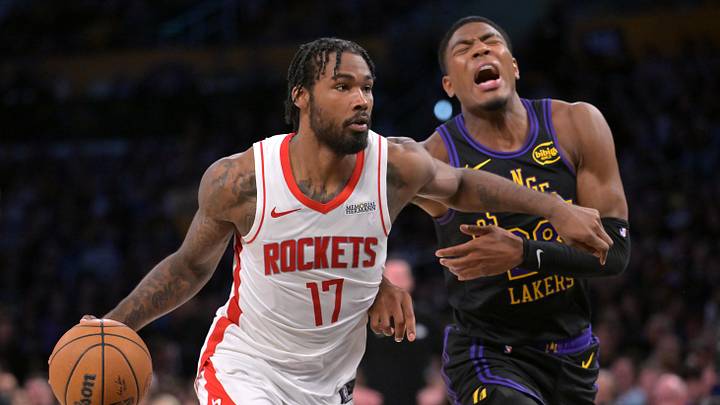 Apr 21, 2026; Los Angeles, California, USA; Houston Rockets forward Tari Eason (17) drives past Los Angeles Lakers forward Rui Hachimura (28) during the second half of game two of the first round of the 2026 NBA Playoffs at Crypto.com Arena. Mandatory Credit: Jayne Kamin-Oncea-Imagn Images