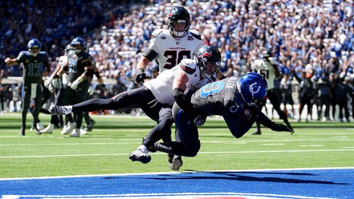 Indianapolis Colts wide receiver Keenan Allen (10) rushes into the end zone for a touchdown Sunday, Sept. 27, 2026, during a game against the Houston Texans at Lucas Oil Stadium in Indianapolis. Indianapolis Colts wide receiver Keenan Allen (10) rushes into the end zone for a touchdown Sunday, Sept. 27, 2026, during a game against the Houston Texans at Lucas Oil Stadium in Indianapolis.