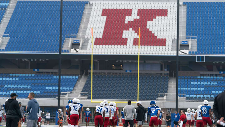Kansas football practices for the first time inside David Booth Kansas Memorial Stadium after renovations on Aug. 1, 2025.