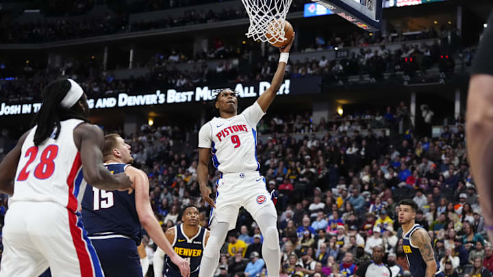 Dec 28, 2024; Denver, Colorado, USA; Detroit Pistons forward Ausar Thompson (9) shoots the ball in the second half against the Denver Nuggets at Ball Arena. Mandatory Credit: Ron Chenoy-Imagn Images Dec 28, 2024; Denver, Colorado, USA; Detroit Pistons forward Ausar Thompson (9) shoots the ball in the second half against the Denver Nuggets at Ball Arena. Mandatory Credit: Ron Chenoy-Imagn Images