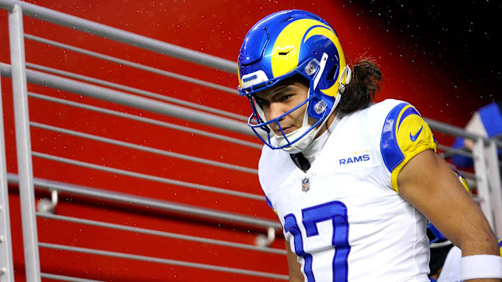 Dec 12, 2024; Santa Clara, California, USA; Los Angeles Rams wide receiver Puka Nacua (17) walks towards the field before the start of the game against the San Francisco 49ers at Levi's Stadium. Mandatory Credit: Cary Edmondson-Imagn Images