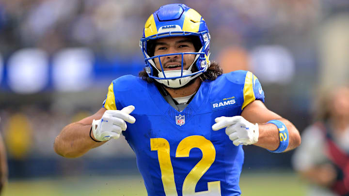 Los Angeles Rams wide receiver Puka Nacua (12) celebrates after a complete pass and first down during the first half against the Indianapolis Colts at SoFi Stadium. Los Angeles Rams wide receiver Puka Nacua (12) celebrates after a complete pass and first down during the first half against the Indianapolis Colts at SoFi Stadium.