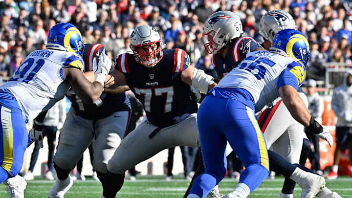 New England Patriots center Ben Brown (77) in action against the Los Angeles Rams.