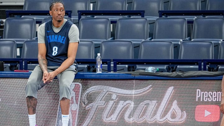 Oklahoma City forward Jalen Williams (8) sits during an NBA Finals practice session ahead of Game 2 at Paycom Center Oklahoma City, on Saturday, June 7, 2025.