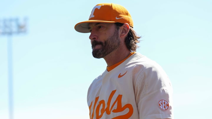 Tennessee baseball head coach Tony Vitello during a Tennessee baseball game against Samford at Lindsey Nelson Stadium at the University of Tennessee on Sunday, February 23, 2025. Tennessee baseball head coach Tony Vitello during a Tennessee baseball game against Samford at Lindsey Nelson Stadium at the University of Tennessee on Sunday, February 23, 2025.