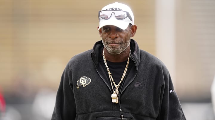 Oct 11, 2025; Boulder, Colorado, USA; Colorado Buffaloes head coach Deion Sanders before the game against the Iowa State Cyclones at Folsom Field. Mandatory Credit: Ron Chenoy-Imagn Images