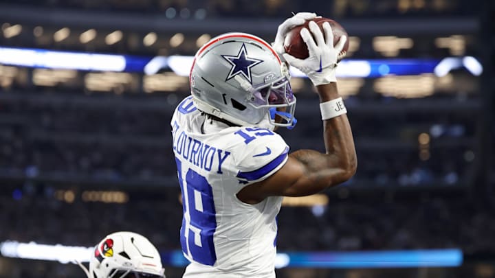 Dallas Cowboys wide receiver Ryan Flournoy (19) makes a catch for a touchdown against the Arizona Cardinals in the second half at AT&T Stadium. Dallas Cowboys wide receiver Ryan Flournoy (19) makes a catch for a touchdown against the Arizona Cardinals in the second half at AT&T Stadium.