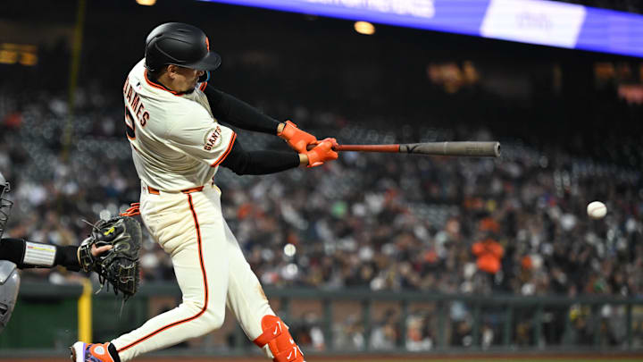 May 1, 2025; San Francisco, California, USA; San Francisco Giants shortstop Willy Adames (2) hits a single against the Colorado Rockies in the sixth inning at Oracle Park. May 1, 2025; San Francisco, California, USA; San Francisco Giants shortstop Willy Adames (2) hits a single against the Colorado Rockies in the sixth inning at Oracle Park.