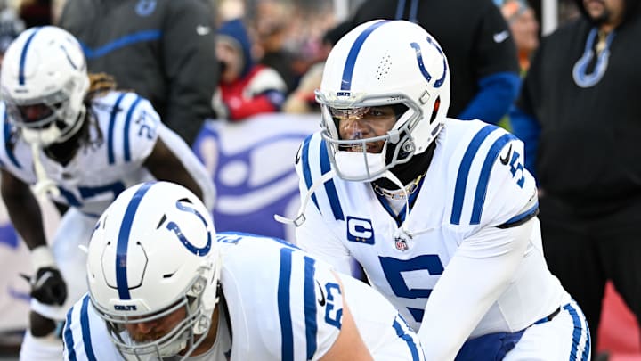 Dec 1, 2024; Foxborough, Massachusetts, USA; Indianapolis Colts quarterback Anthony Richardson (5) warms up before a game against the New England Patriots at Gillette Stadium. Mandatory Credit: Eric Canha-Imagn Images