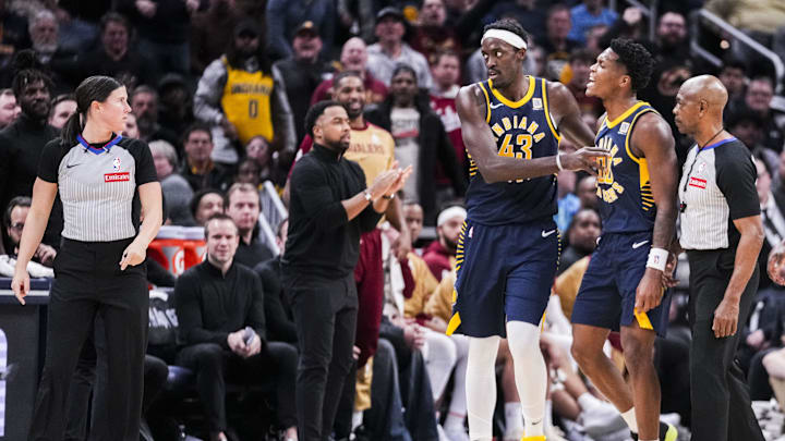 Pascal Siakam holds back teammate Bennedict Mathurin as he gets ejected from the Pacers’ game against the Cavaliers. Pascal Siakam holds back teammate Bennedict Mathurin as he gets ejected from the Pacers’ game against the Cavaliers.