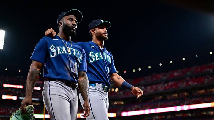 Apr 24, 2026; St. Louis, Missouri, USA; Seattle Mariners left fielder Randy Arozarena (56) and center fielder Julio Rodríguez (44) walk off the field after the eighth inning against the St. Louis Cardinals at Busch Stadium. Mandatory Credit: Jeff Curry-Imagn Images