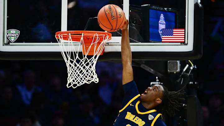 Mar 14, 2026; Cleveland, OH, USA; Toledo Rockets guard Leroy Blyden Jr. (2) dunks