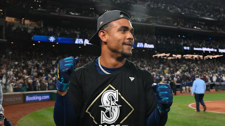 Oct 10, 2025; Seattle, Washington, USA; Seattle Mariners center fielder Julio Rodriguez (44) celebrates after defeating the Detroit Tigers in game five of the ALDS round for the 2025 MLB playoffs at T-Mobile Park. Mandatory Credit: Steven Bisig-Imagn Images